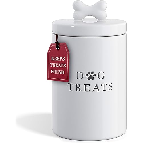 Barnyard Designs Large Dog Treat Container Airtight with Lid, Cute Rustic Ceramic Dog Treat Storage Jar for Kitchen Counter (White)