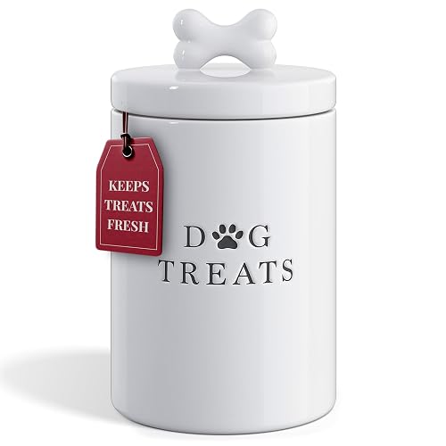 White ceramic dog treat jar with an airtight lid on a counter