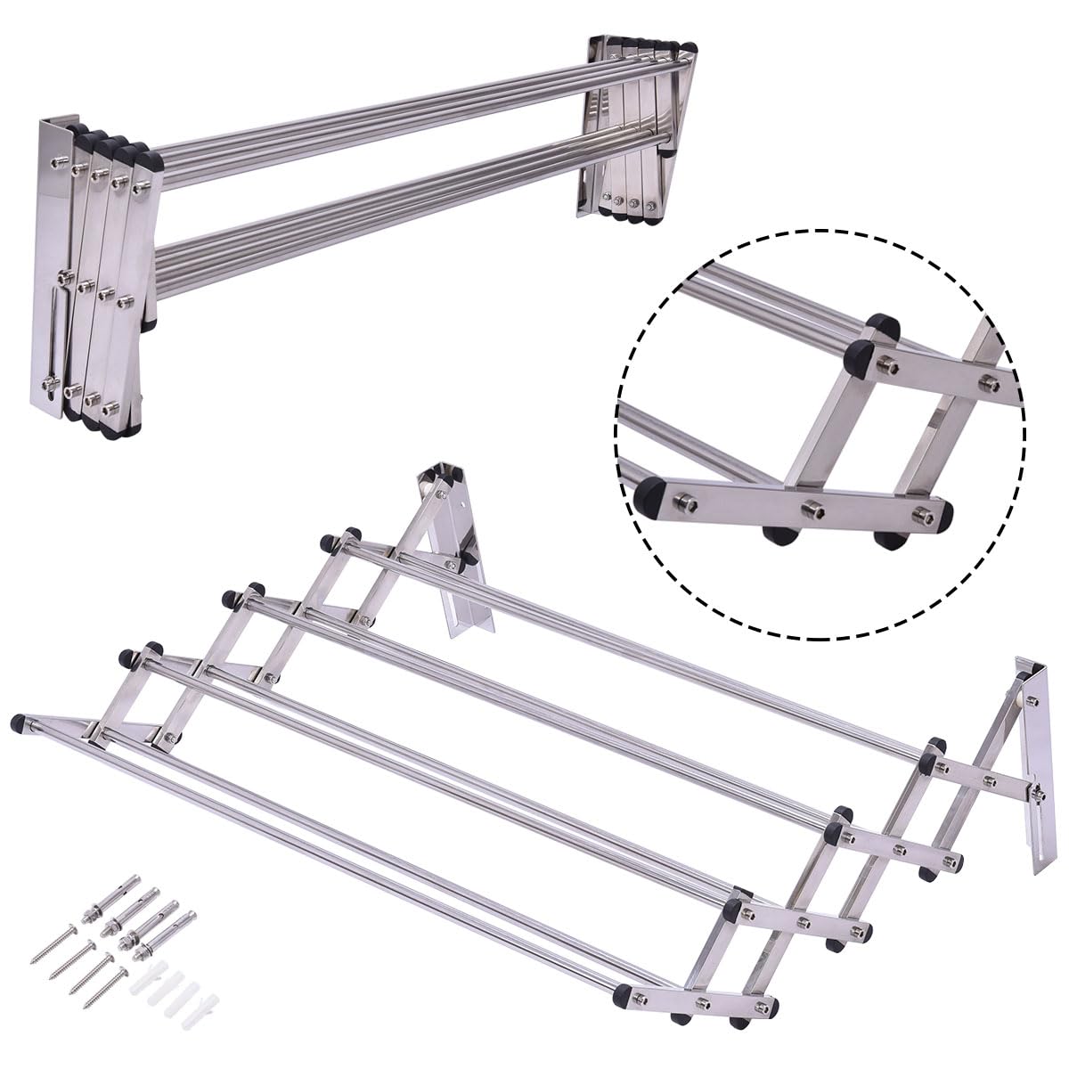 HOMASIS Wäscheständer Wandmontage, Wäschetrockner Wand ausziehbar, Wäschespinne mit 8 Stangen, Wäscheleine aus Edelstahl, Wandwäschetrockner platzsparend für Waschküche, Bad, Balkon, 25 kg belastbar