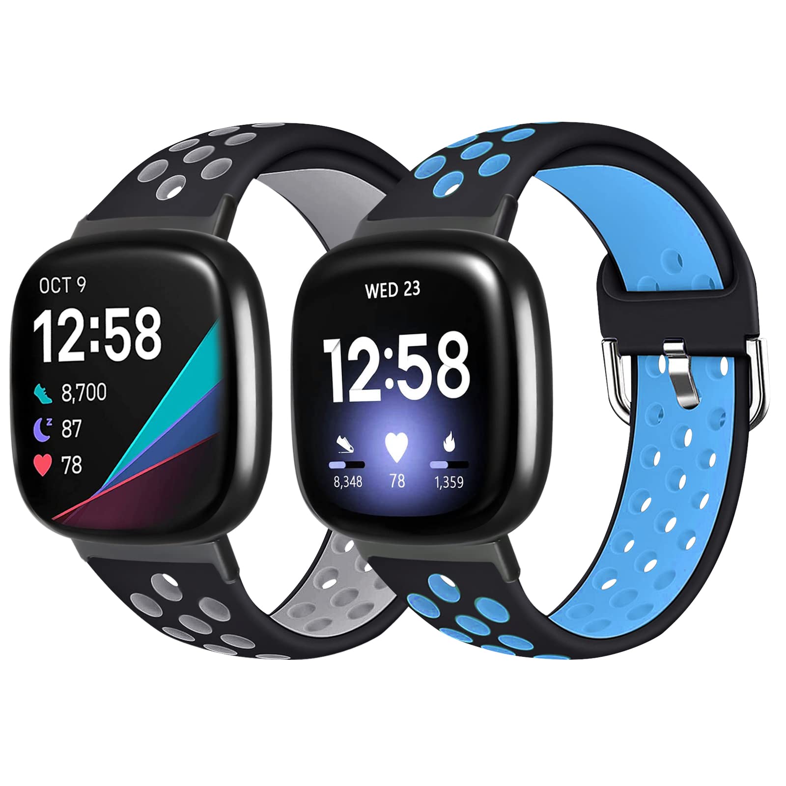 MosstekCompatible with Fitbit Versa 3 Bands/Fitbit Sense Bands for Women Men, 2 Pack Sport Breathable Silicone Replacement Bands for Versa 3/Sense Bands for Men Women, Small Large