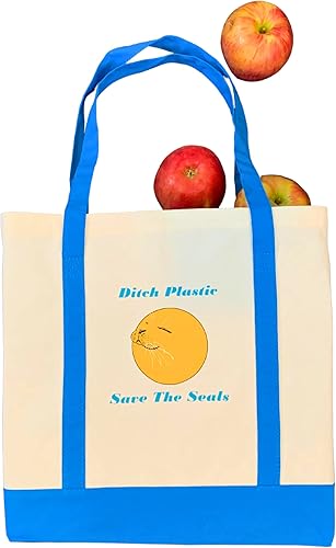 Miniatura 4 de Seal Sun, lona azul y natural, ecológica, 100% lona orgánica, reutilizable, bolsa de comestibles, bolsa de playa, bolsa de plástico para guardar los