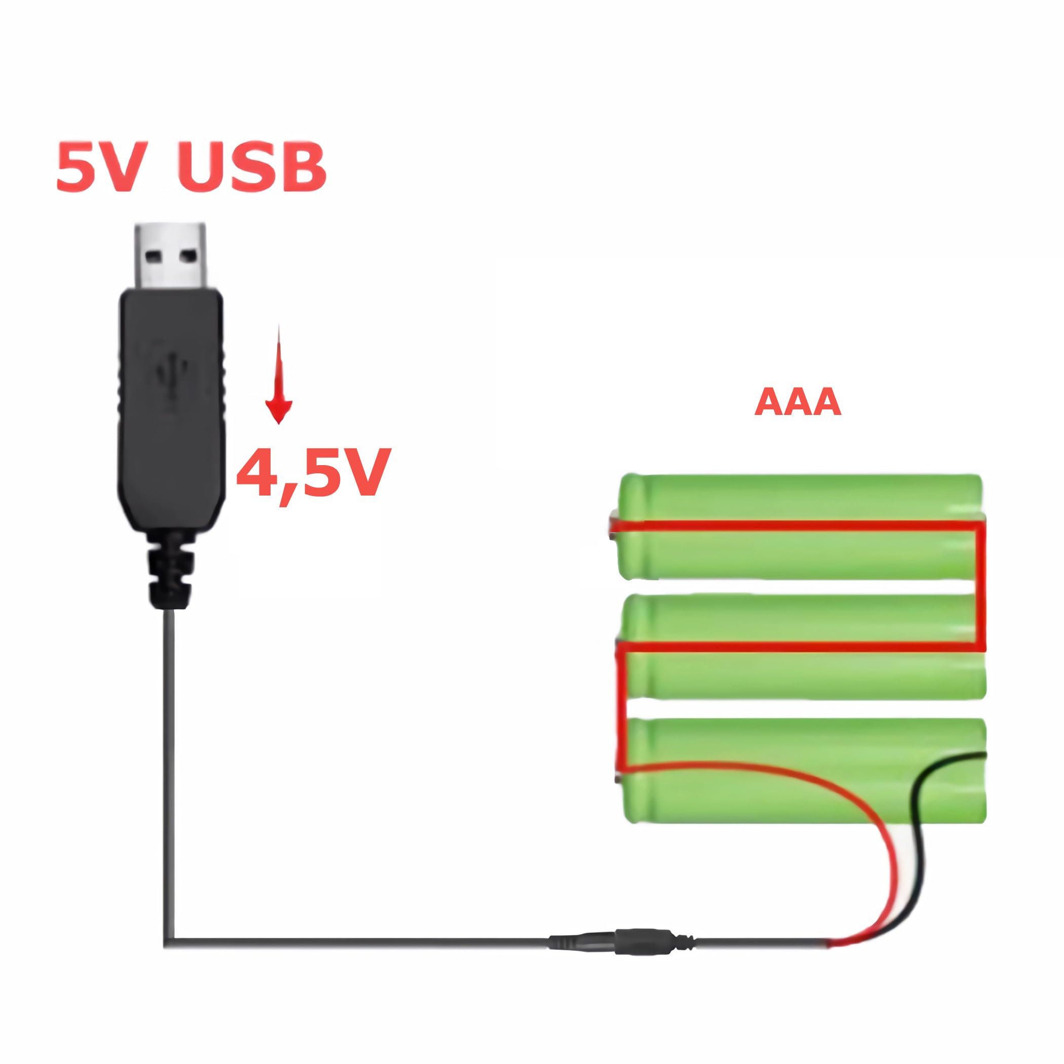 H03 Adaptateur USB vers 3 piles AAA 4,5 V Câble convertisseur de tension 100 cm Câble USB de rechange pour piles AAA, jouets, télécommande, appareils LED