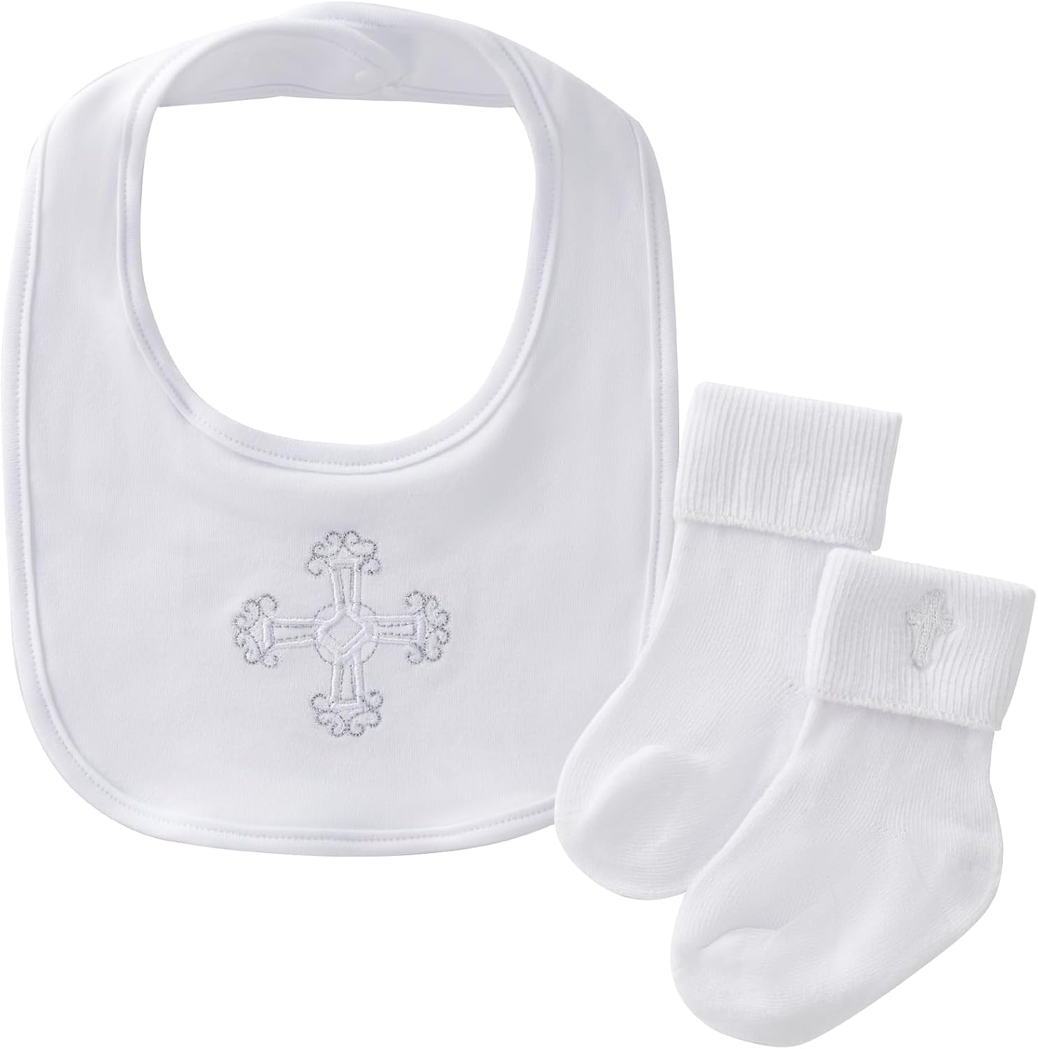 Booulfi Christening Outfits for Boys with Cross Embroidery Baby Cotton Bib and White Christening Sock Set