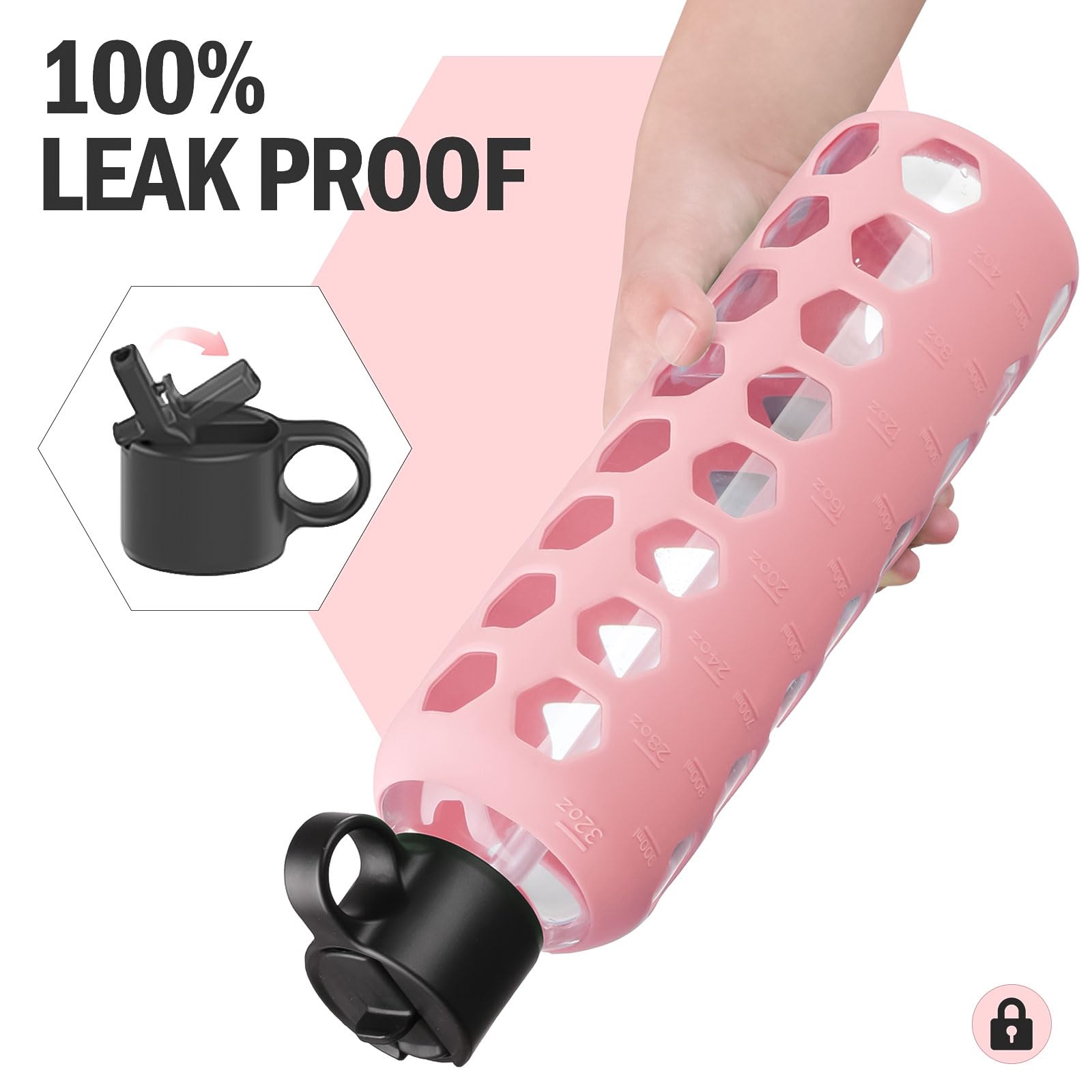 BLUEGO Borracce in vetro, 900ml Bicchiere in vetro, Bottiglie per bere con 2 coperchi, Bottiglia per l'acqua sportiva con custodia in silicone, A prova di perdite, Rosa