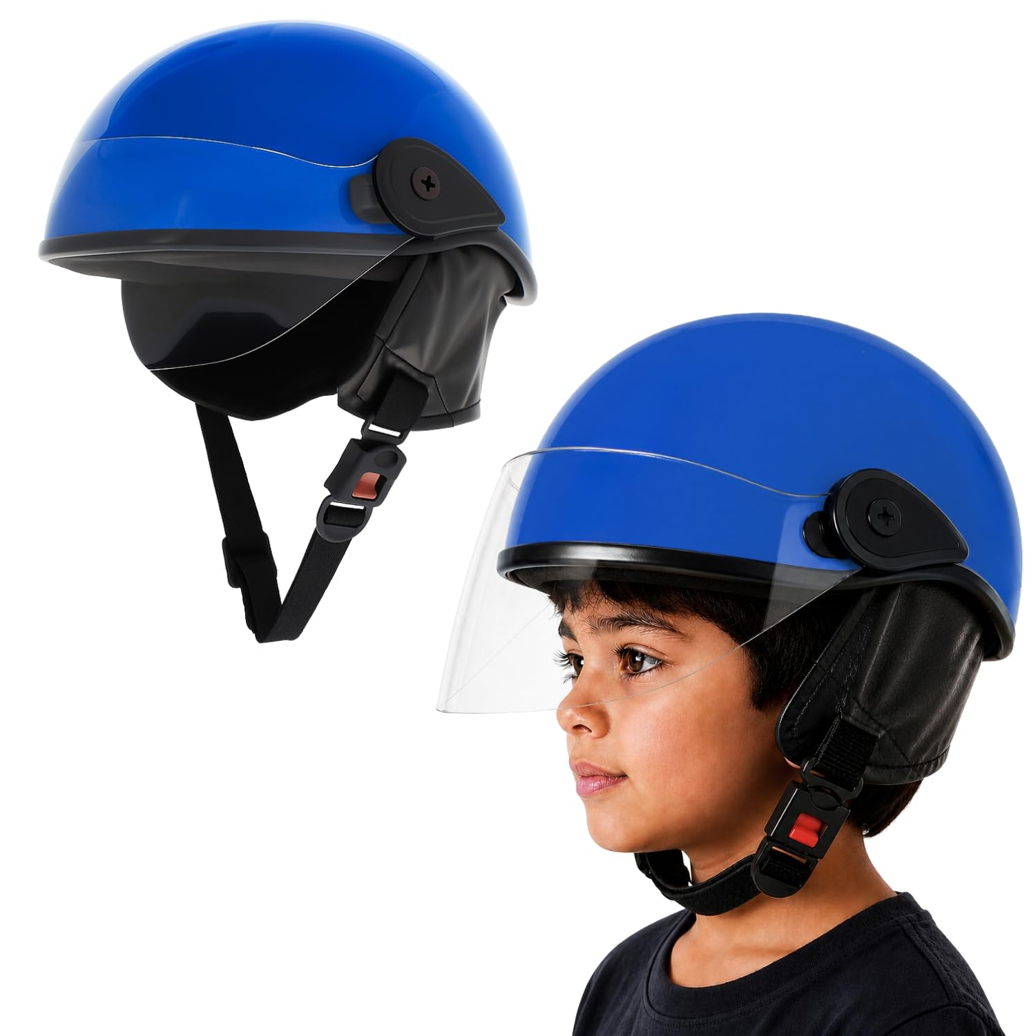 Western Era Kids Safety Helmet with Clear Visor Protective Headgear for Cycling Skating Riding Outdoor Activities | Adjustable Helmet for Child with Strap Ear Protection Shield (Blue, Glossy)-image-40