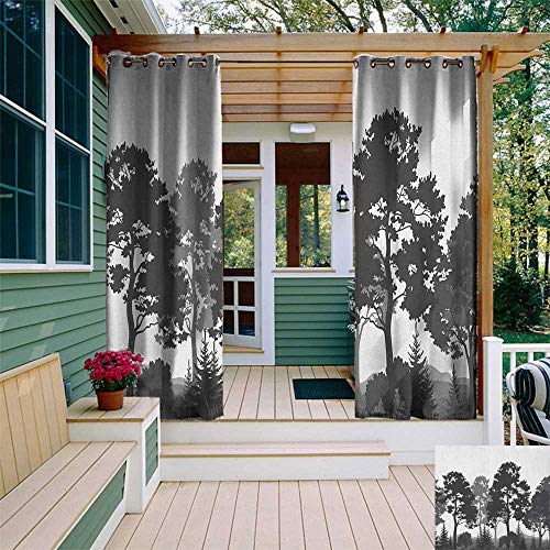 leinuoyi Black and White, Outdoor Curtain Extra Long, Summer Forest with Pine and Fir Trees Grass Bush Silhouettes, for Patio Waterproof W120 x L108 Inch Grey White Charcoal Grey