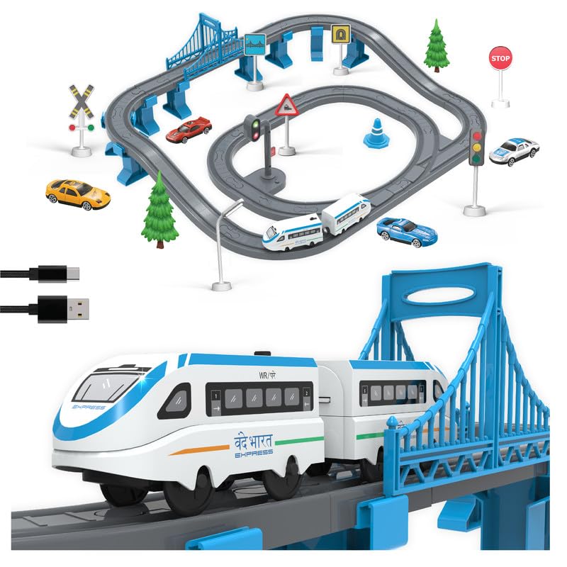 Image of BOOGYWOOGY Vande Bharat Express Toy Train Set | 77-Piece Battery-Operated Indian Railway Set with DIY Magnetic Tracks | Educational City Train Set for Kids 3, Multicolor