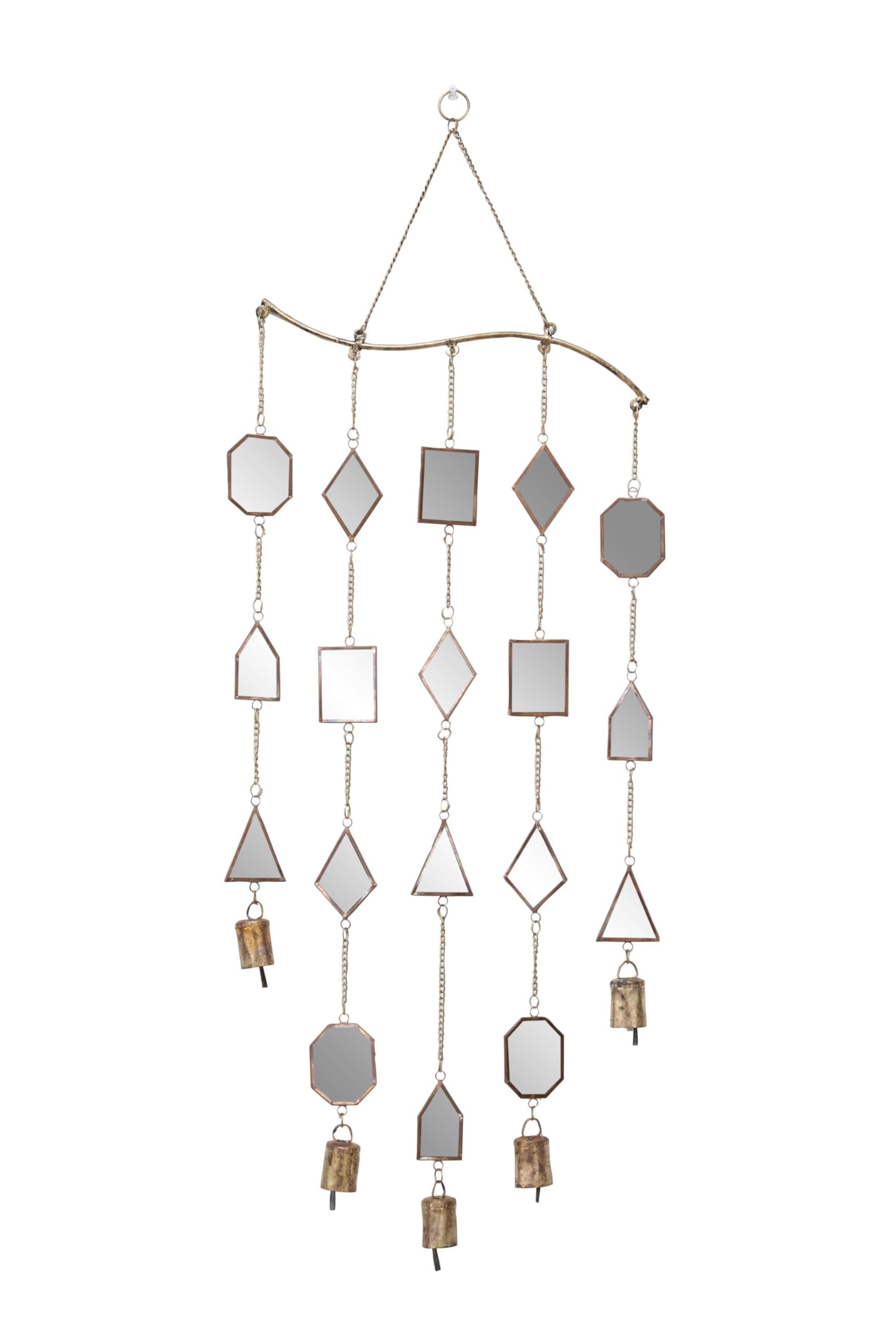 Deco 79 Metal Geometric Indoor Outdoor Windchime Garden Decor with Glass Mirrors and Bells, Hanging Ornament 14" x 1" x 32", Brown