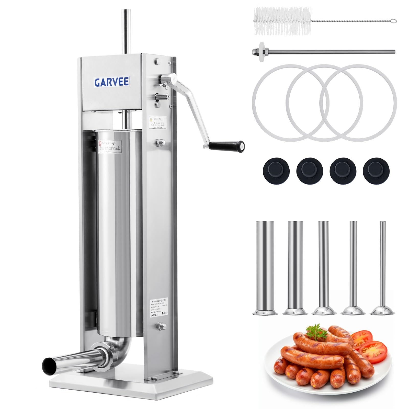 Premium Vertical Sausage Stuffer Machine 7L with 5 Stainless Steel Stuffing Tubes, Detachable Parts for Easy Cleaning, Commercial and Home Use