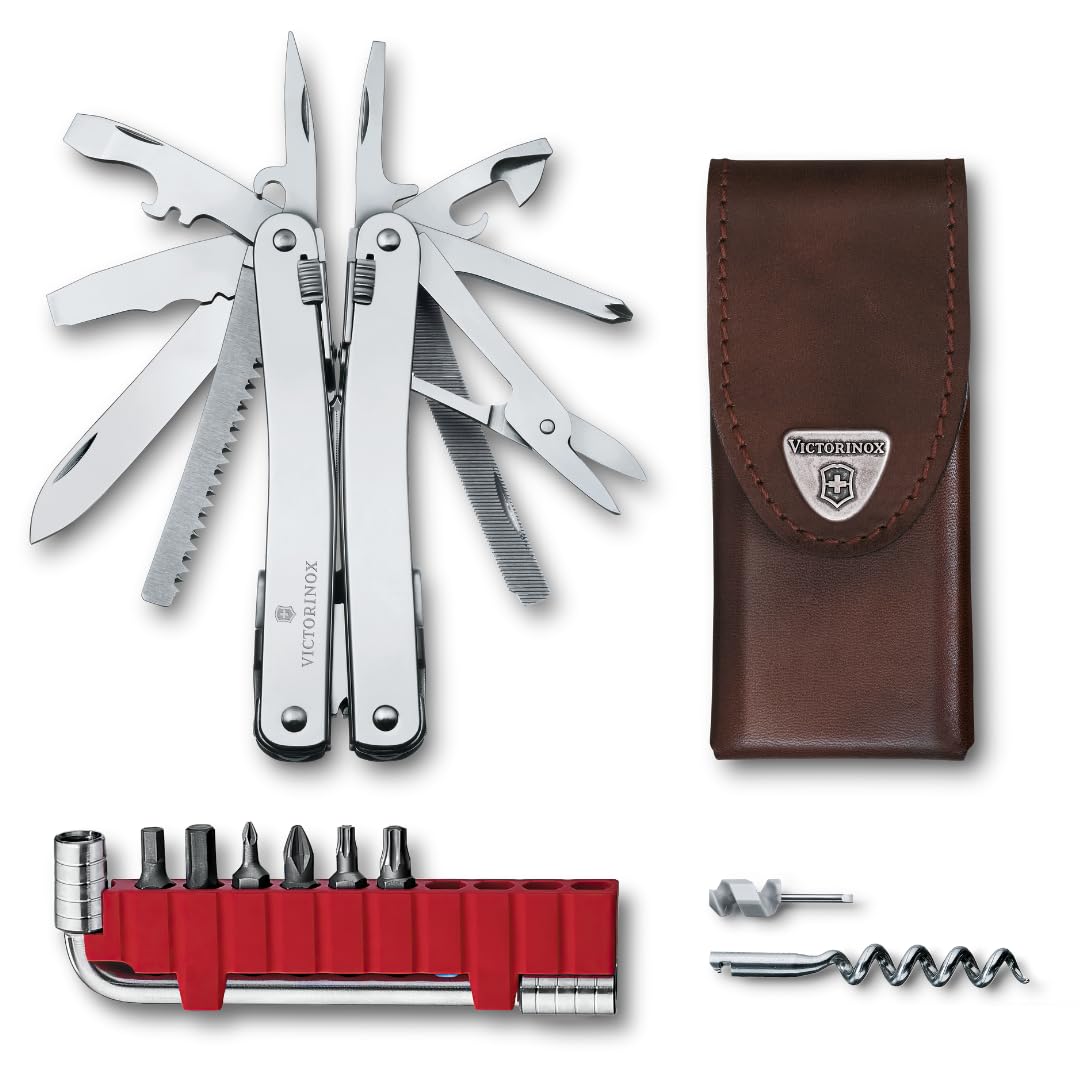Victorinox Multi Tool Swiss Tool Spirit X Plus, 35 Functions, Swiss Made, Multi Tool with Locking Blade, incl. Leather Case, Silver