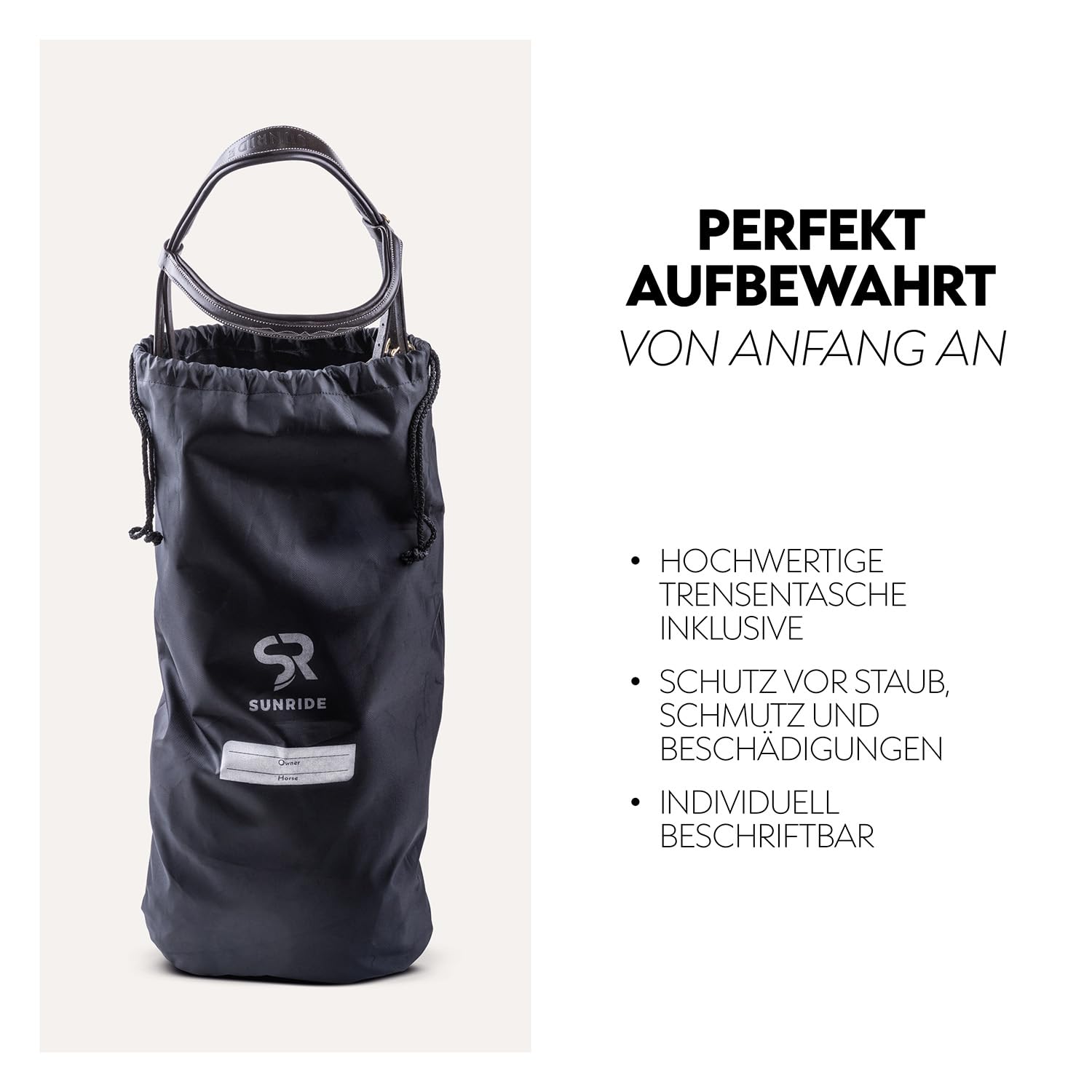SUNRIDE Brida Sueca “Oxford” con riendas - Hecha de Suave Cuero Genuino con Pelo, Ajustable y anatómica (Full, Negro)