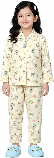 PARILUX Girls Night Suit Pajama Set, Yellow, Long Sleeve, Space Printed Pattern with Cartoon Design