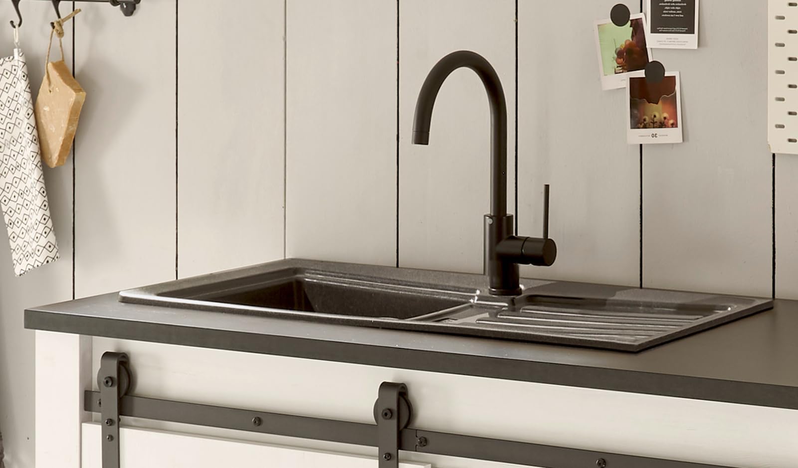 Küche Küchenzeile weiß Pinie und grau/anthrazit 200 cm Küchenschrank Set 4-teilig Singleküche Stove (Set 1)