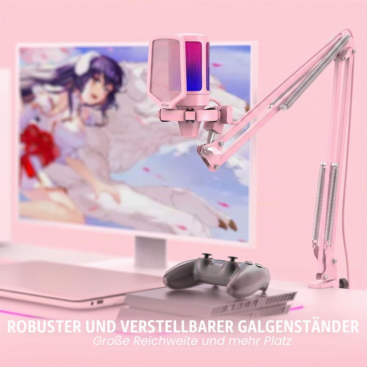 FIFINE Gaming Mikrofon mit Arm, USB Microphone pc für MAC PS4 PS5 mit Stummschalttaste, Popfilter, Shock Mount für Streaming Podcast Studio