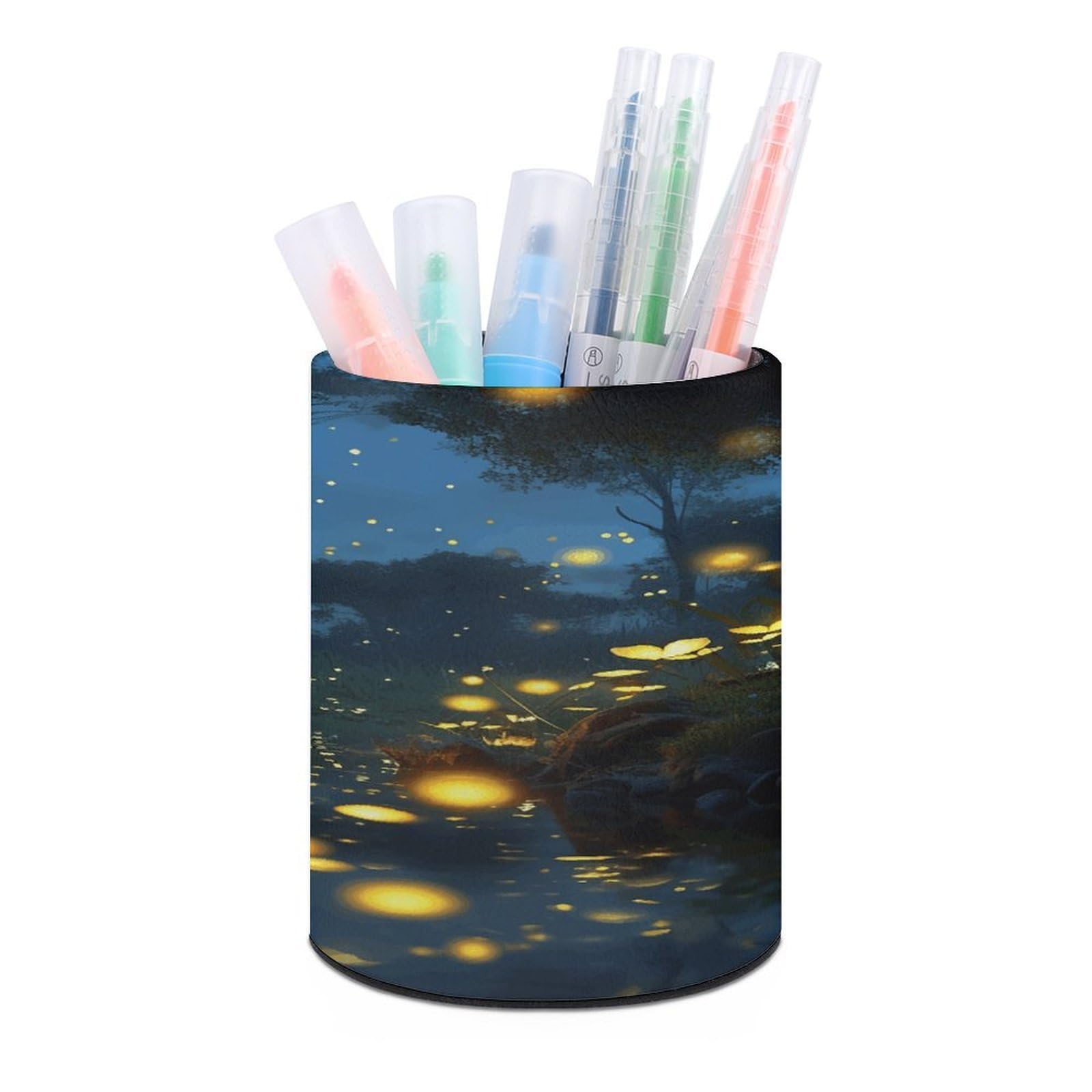 VstaDank Fireflies Pen Holder PU Leather Pencil Cup Minimalist Desk Pencil Holder Round Make Up Brush Organizers For Office Dorm Room&Vanity Desk Accessories