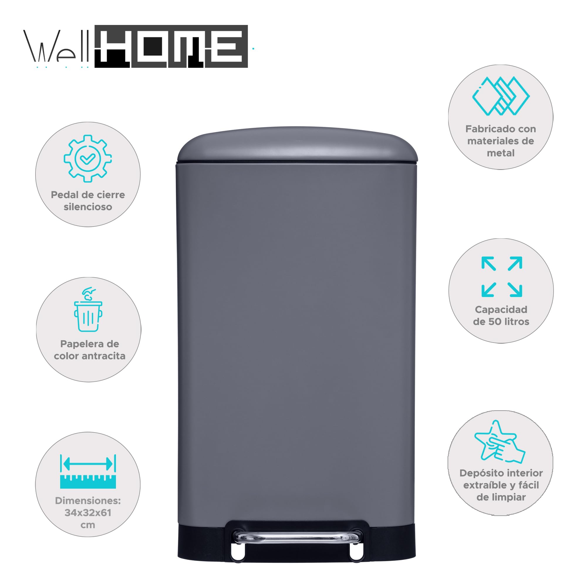 WELL HOME - Papelera/cubo de basura/contenedor de residuos con pedal Antracita 30L
