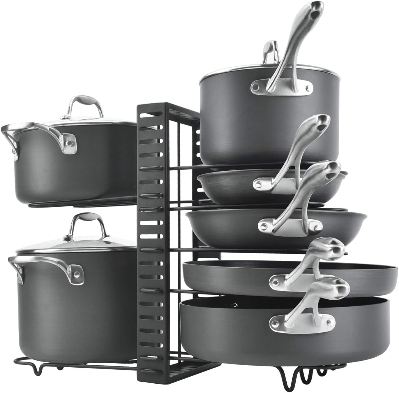 HomeLifairy Pan And Pot Organizer Rack with 3 DIY Methods,Height Adjustable Black Kitchen Cabinet Pantry Pots Lid Holder (Black Hooks)