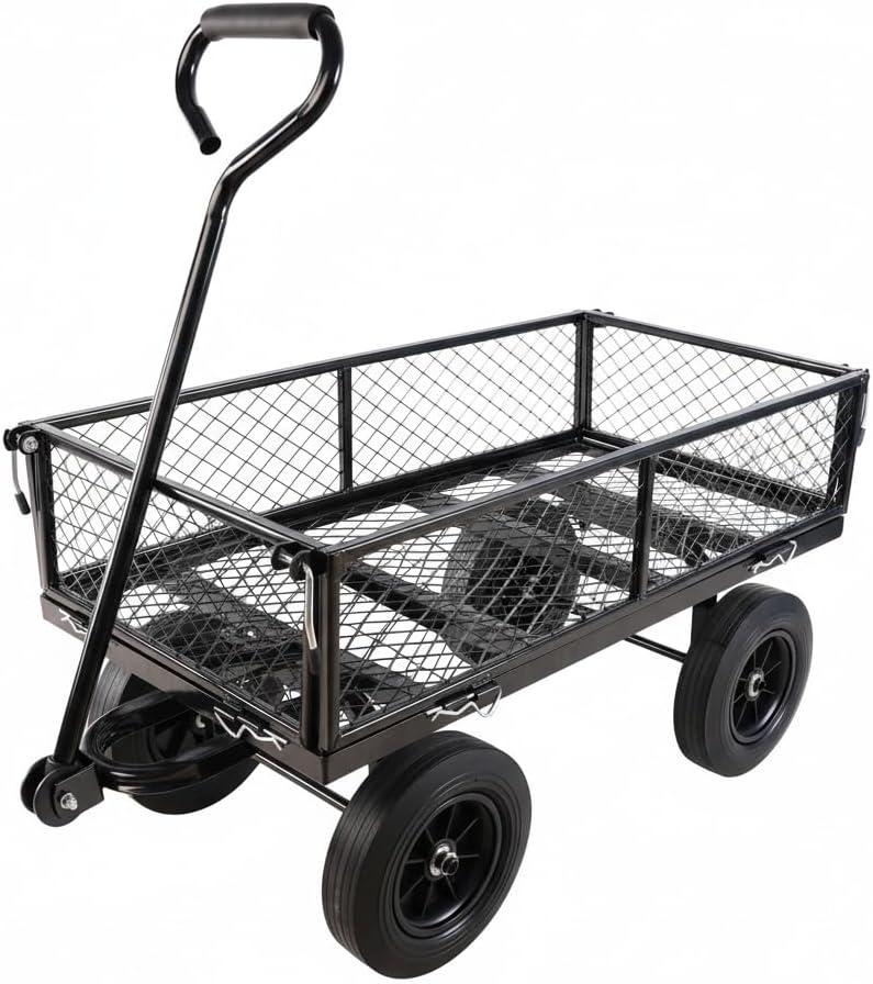 Heavy Duty Garden Cart with Solid Tires, Steel Utility Wagon for Yard Work, Outdoor Landscape Hauling & Firewood Transport, Removable Sides, 400 Lbs Capacity, Black