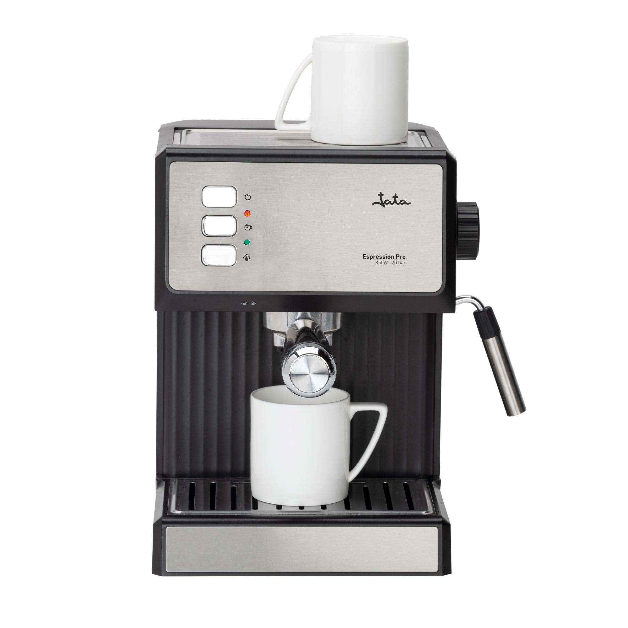JATA JECA2525 - Cafetera express 20 bares 850 W | Brazo con doble salida y filtro para 1 o 2 cafés | Vaporizador para espumar leche y hacer cappuccinos | Calienta tazas | Depósito extraíble 1,8 L