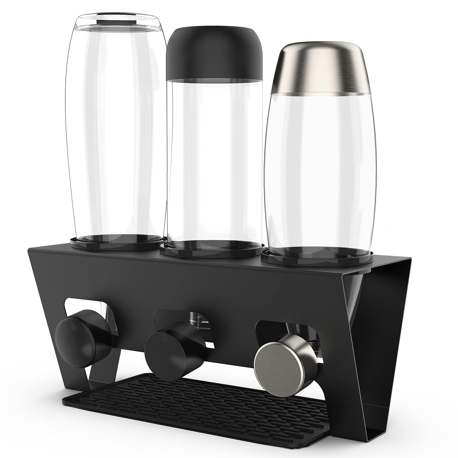 Rainsworth Uchwyt na butelki do Sodastream Duo, czarny ociekacz na butelki, 3-częściowy ociekacz ze stali nierdzewnej, ociekacz do butelek, stojak ociekowy z silikonowymi pierścieniami ochronnymi