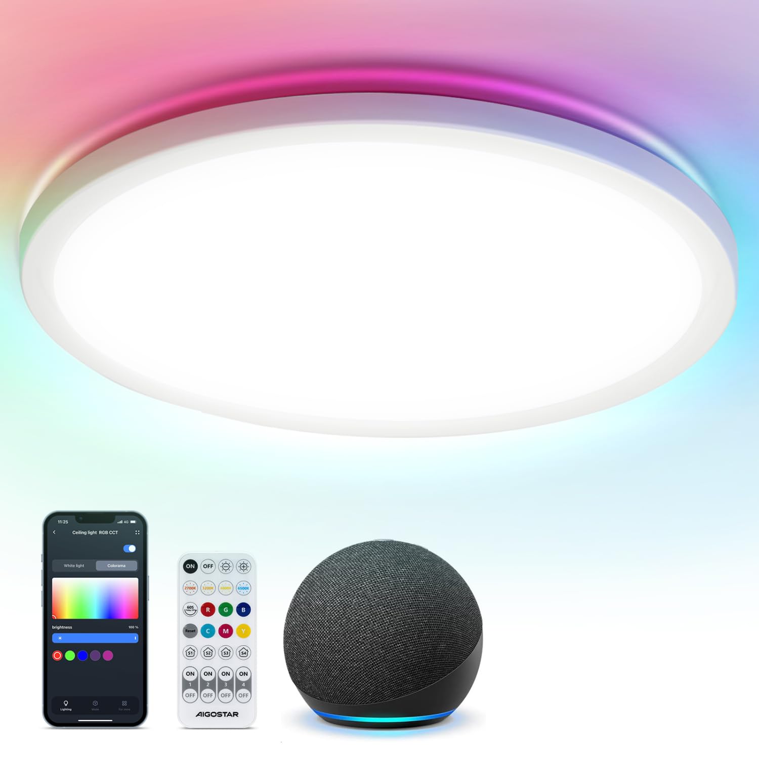 Aigostar Mesh - Lámpara Techo Inteligente Delgada Bluetooth Mesh, Ø290mm, 24W, Lampara Techo Alexa, 2280LM, 3000k-6500K y RGB regulable, Plafon LED Techo para Dormitorio, Salon, Cocina