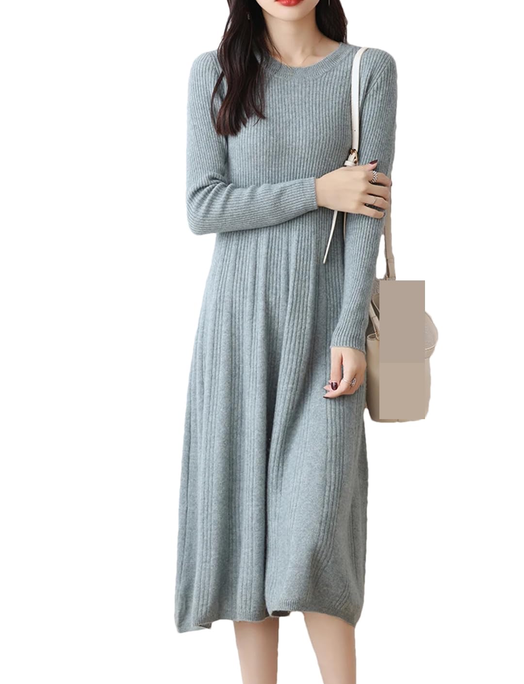 Robe d'hiver en tricot de laine pour femme - Col rond - Chaude et décontractée - Manches longues