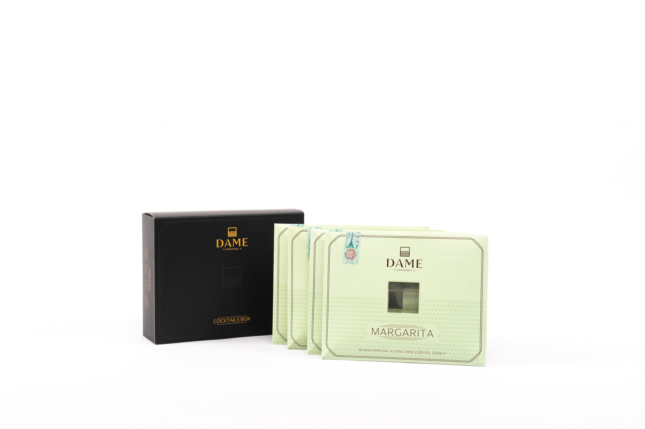 Dame Cocktail - Margarita Pronto da Bere – Box da 4x100ml con Tequila, Liquore all'Arancia, Lime e Zucchero di Canna – Cocktail Artigianale Italiano Ready to Drink