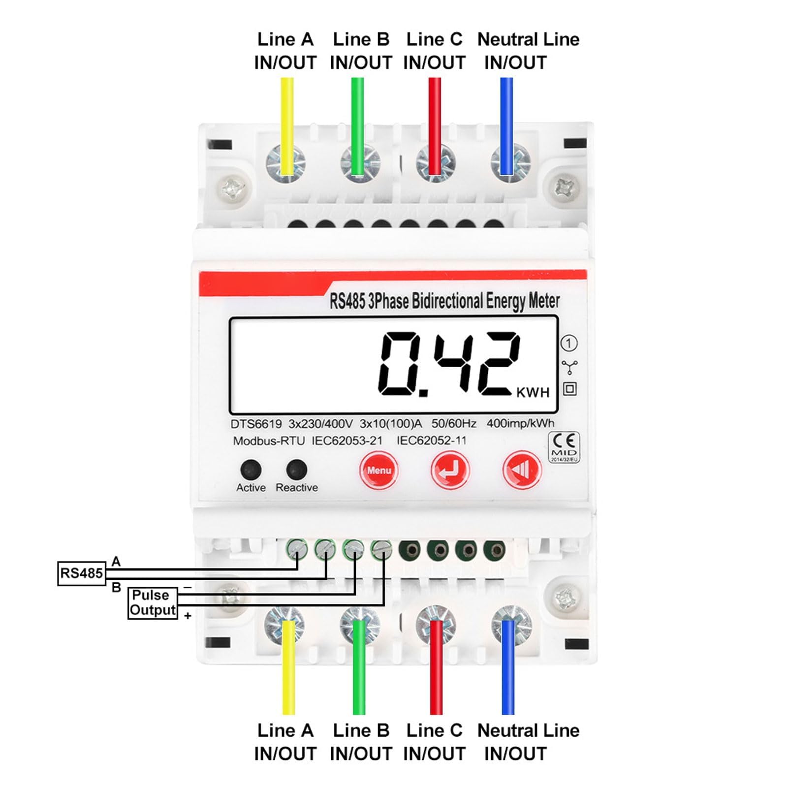 Stromzähler 3 Phasen Multifunktions Leistungsmesser mit LCD Display, Spannungs und Strommessung Strommessgerät zur Energieeinsparun für Hutschiene Verteilerkasten
