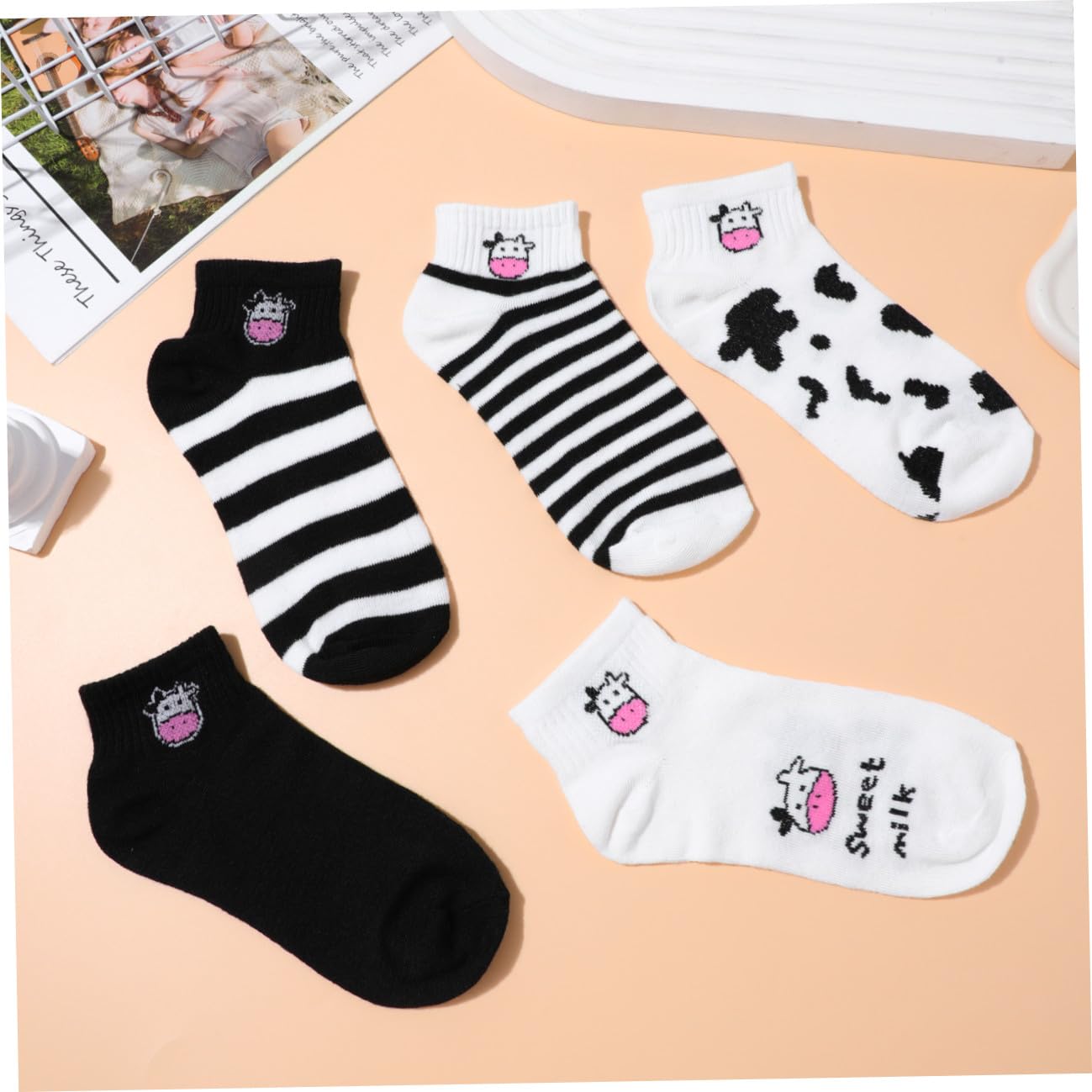 5 Pares Calcetines Cortos Mujer Algodón Estampado Vaca Diseño Divertido Transpirable para Estudiantes y Diario