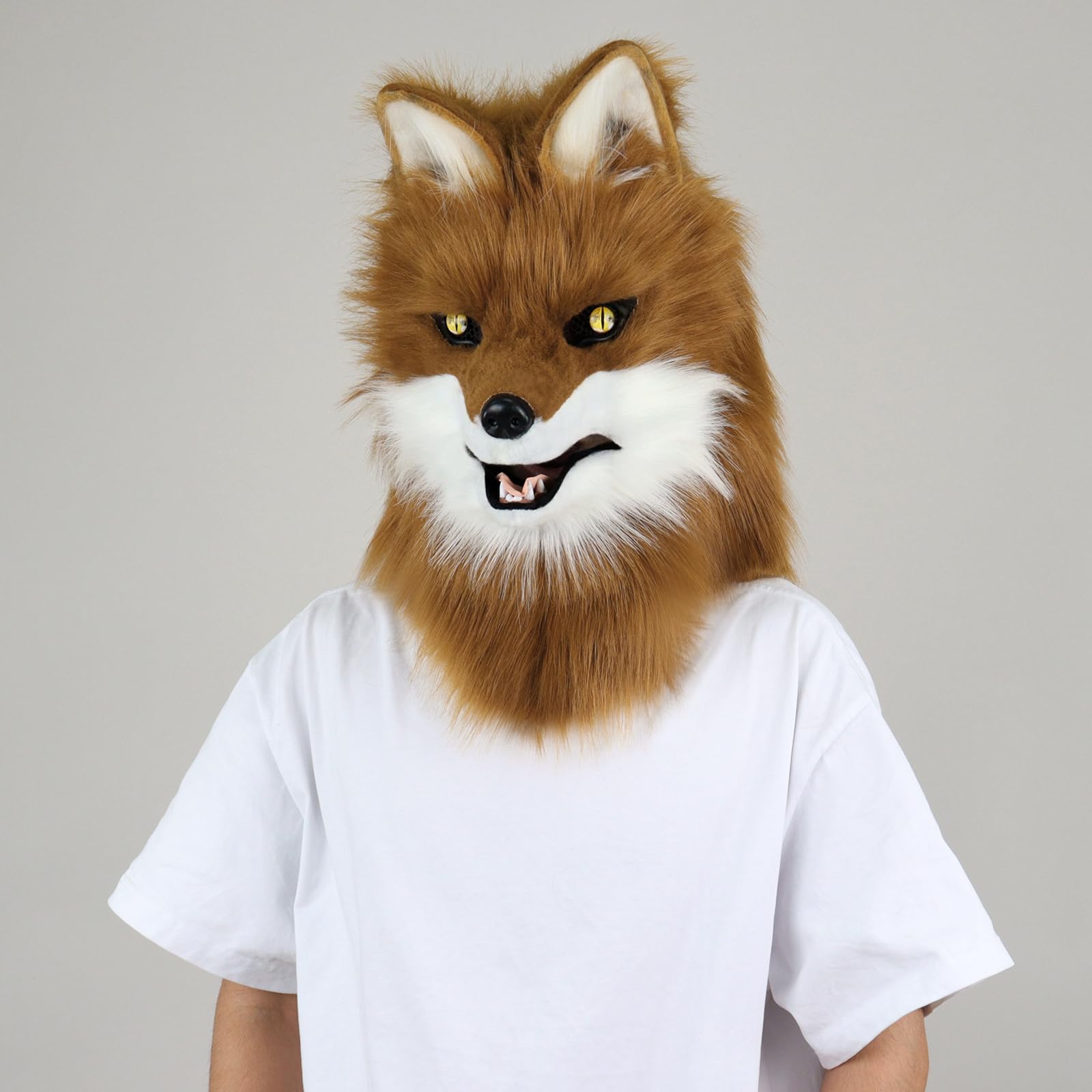 PPFINE Animal Faux Fur Wolf Dog Furry Full Head Mask Cosplay Costume Accessories for Halloween Party, Brownwhite - Image 2