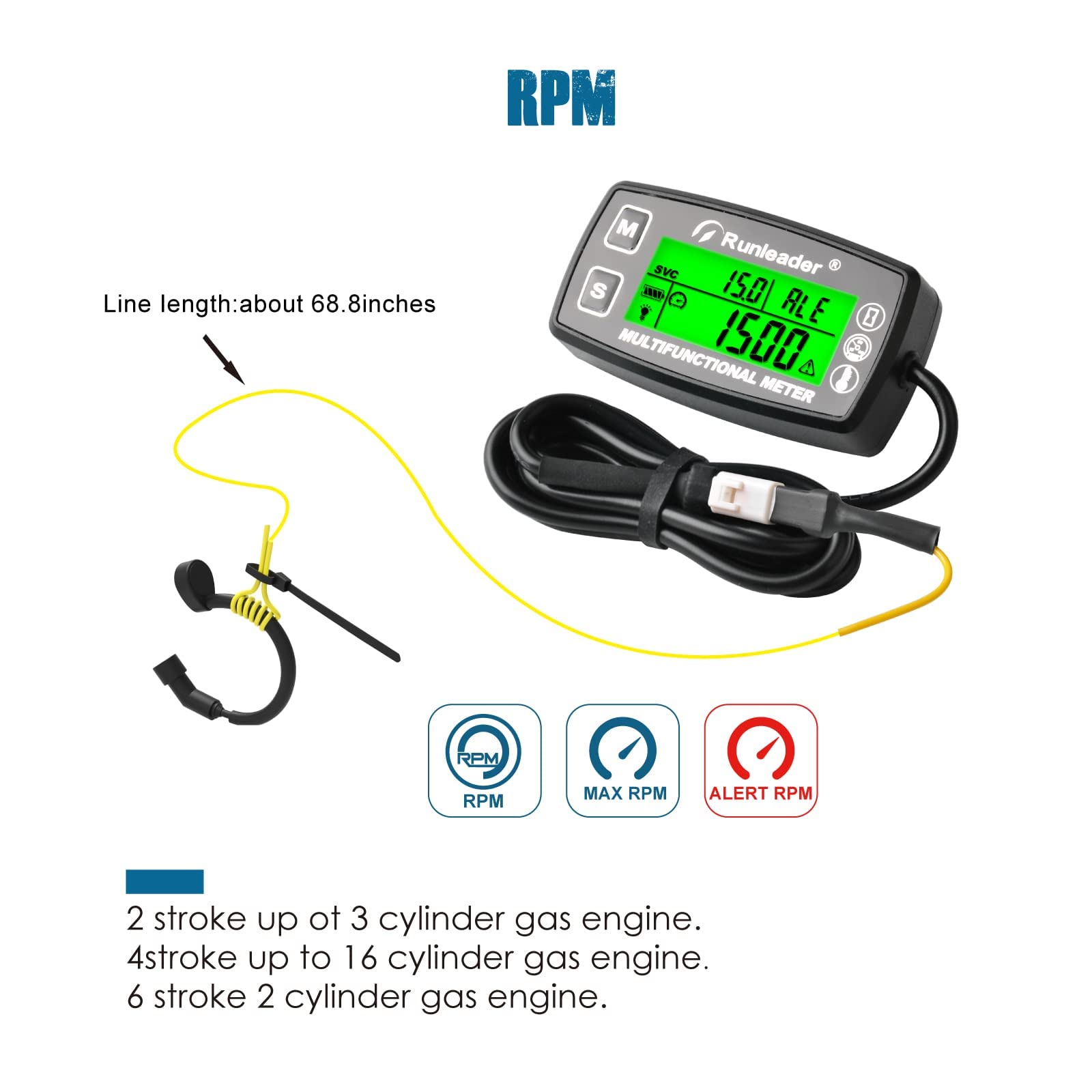 Runleader Tachymètre Compteur D'Heures Jauge Température Moteur | RL-HM035A-M5 Avec Support De Montage,Alerte RPM Et Temp,Écran Rétroéclairé,Pour Tracteurs Tondeuses,Compresseurs,Générateurs