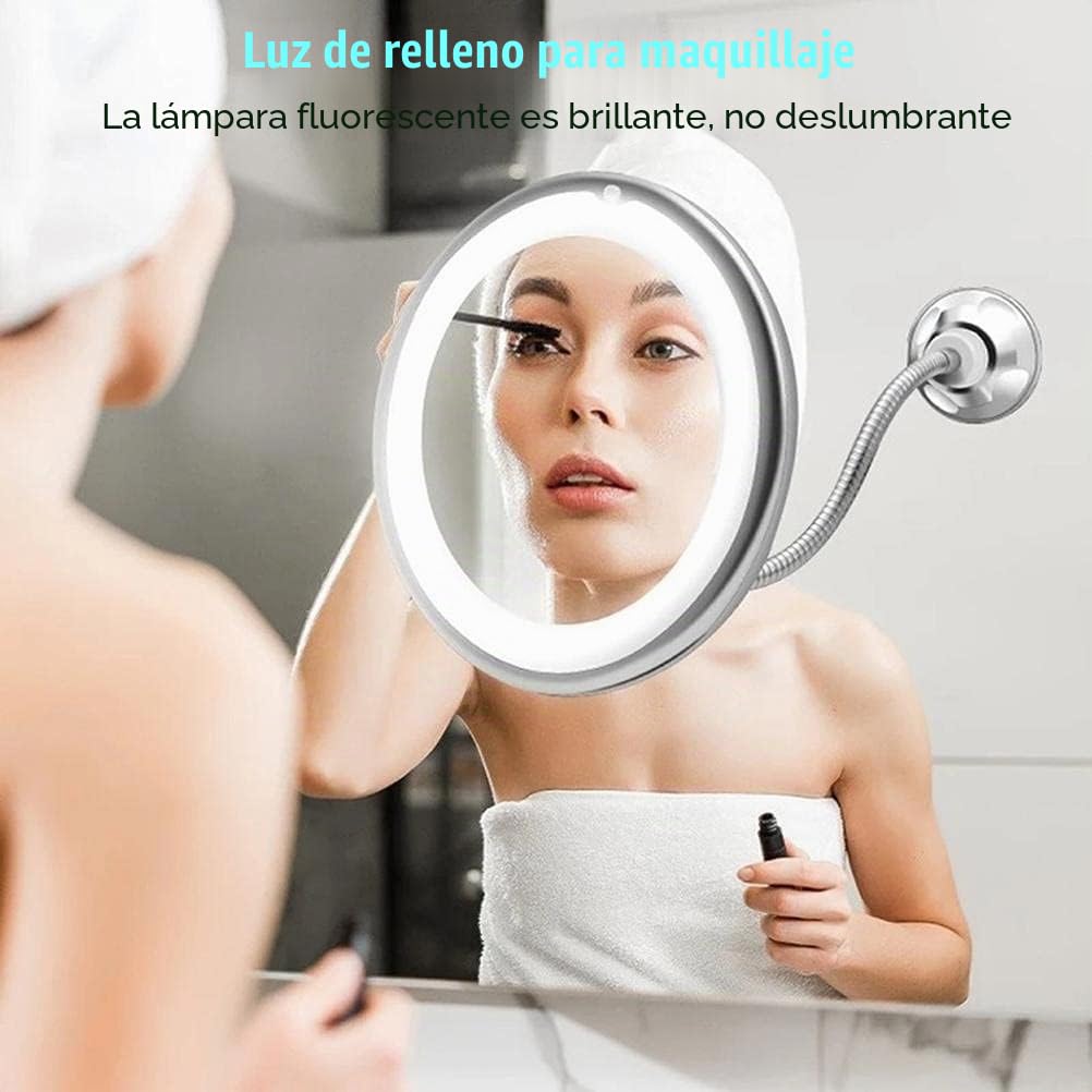 JTLB Espejo de Aumento con Ventosa de 10 Aumentos, Espejo de Maquillaje con Luz LED y Ventosa, Giratorio de 360 ​​Grados, Cuello de Cisne Flexible, Espejo de Aumento de 10 Aumentos
