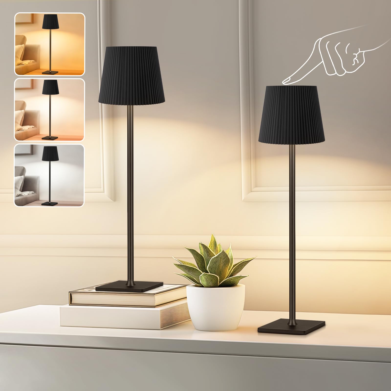 OUTON 2 Pack Rechargeable Cordless Table Lamp, 5600mAh Battery Operated, IP54 Waterproof, Dimmable & 3 Color Temps, Bedside Lamps with Touch for Bedroom, Living Room, Restaurant, Bar, Outdoor, Camping