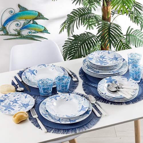 Baroni Home 18-teiliges Tafelservice aus Porzellan und Steingut, Tellerservice für 6 Personen, bunte Tische, Teller-Set mit Suppenteller, flachen Teller, Obst- oder Desserteller, Seestern