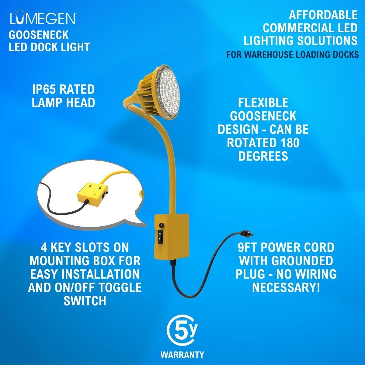LED Gooseneck Dock Light - 20W - 3000 Lumens | 5000K Daylight, 20° Beam Angle, 120V Plug - Energy Efficient Lighting Solution for Docks and Work Areas - 34.88" L x 4.12" Diameter