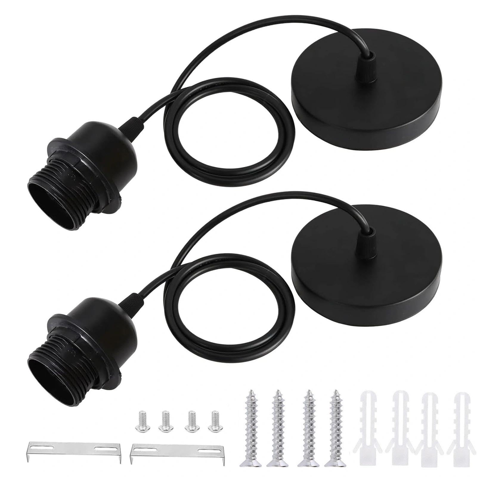 2 Pack Black Pendant Light Fitting, E27 Ceiling Rose Light Fitting with 100cm Adjustable Cable, Industrial Vintage Lights Pendant Fittings for Kitchen Island, Dining Room, Bedroom, Living Room