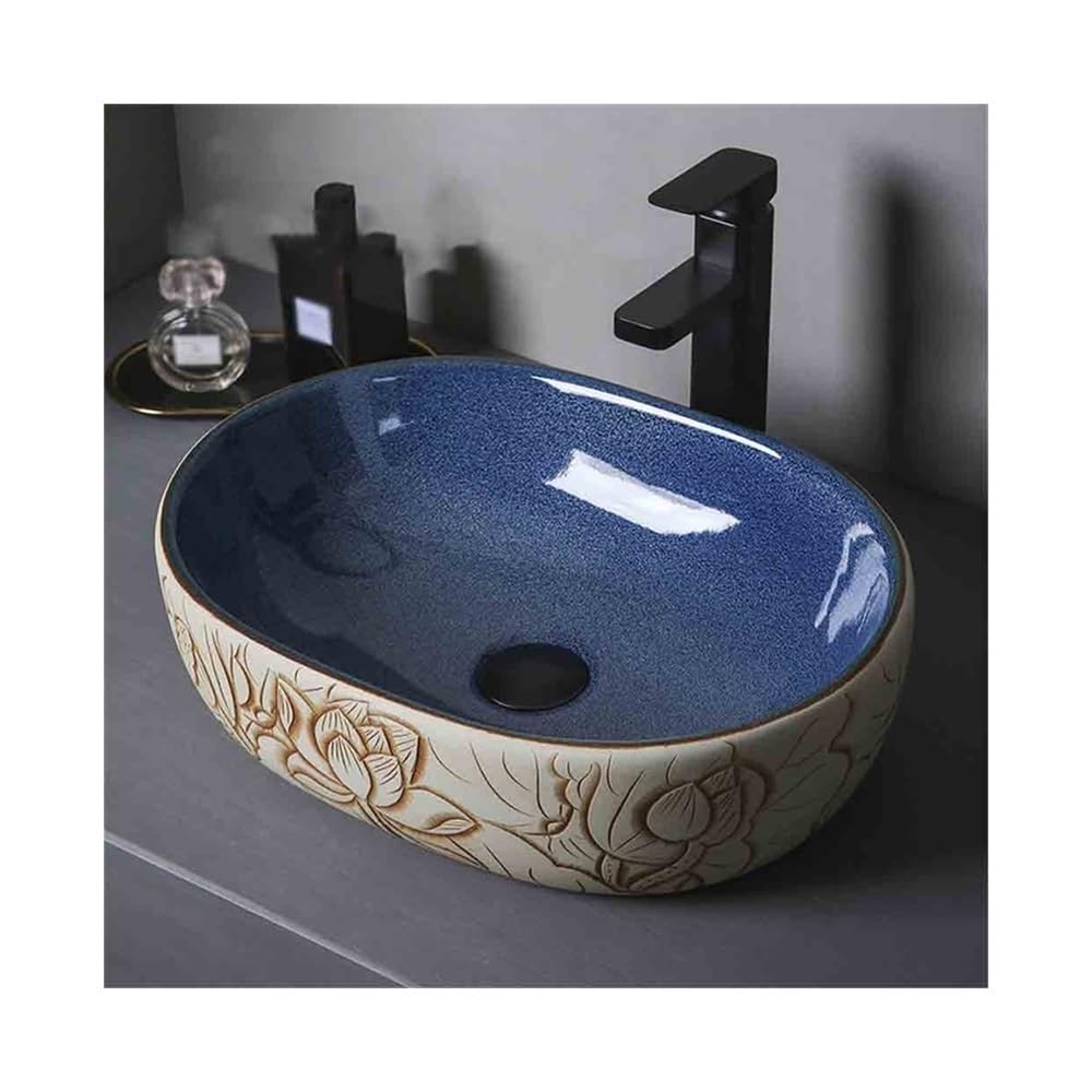 Petit lavabo à poser bleu pour balcon intérieur et petites salles de bain au style floral