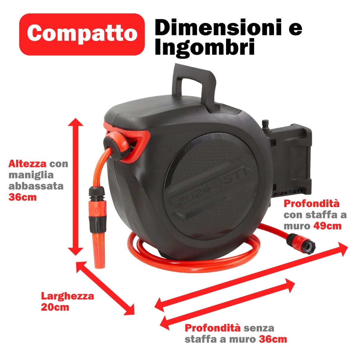 STI Avvolgitubo automatico da Giardino 20m da Parete con Box e fissaggio a parete Tubo acqua PVC 3 strati 1/2" irrigazione da muro girevole 180°, con lancia e attacchi rapidi