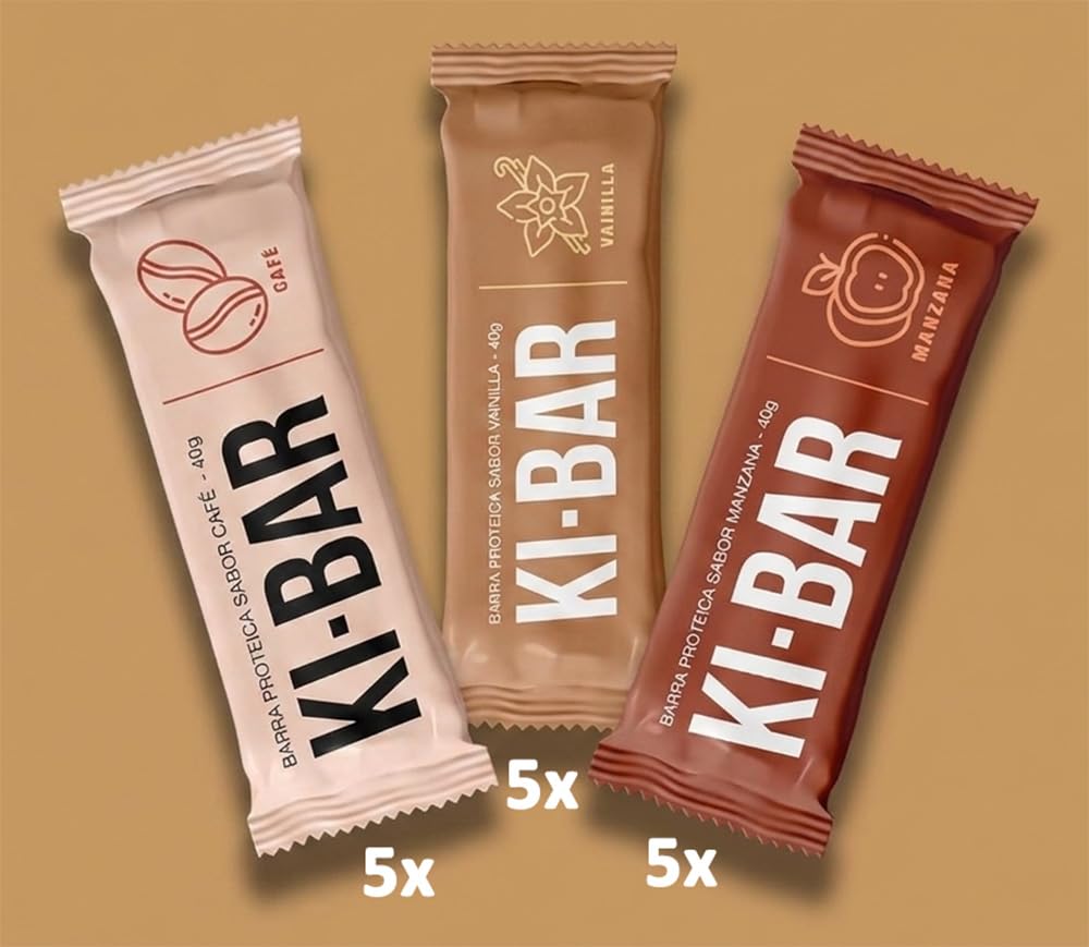 Ki-Bar Barritas Proteicas 100% Naturales | 22% Proteína Huevo y Guisante | Sin Azúcares Añadidos, Sin Gluten, Sin Lactosa | Pack 15 uds x 40g | Sabores Café, Manzana, Vainilla