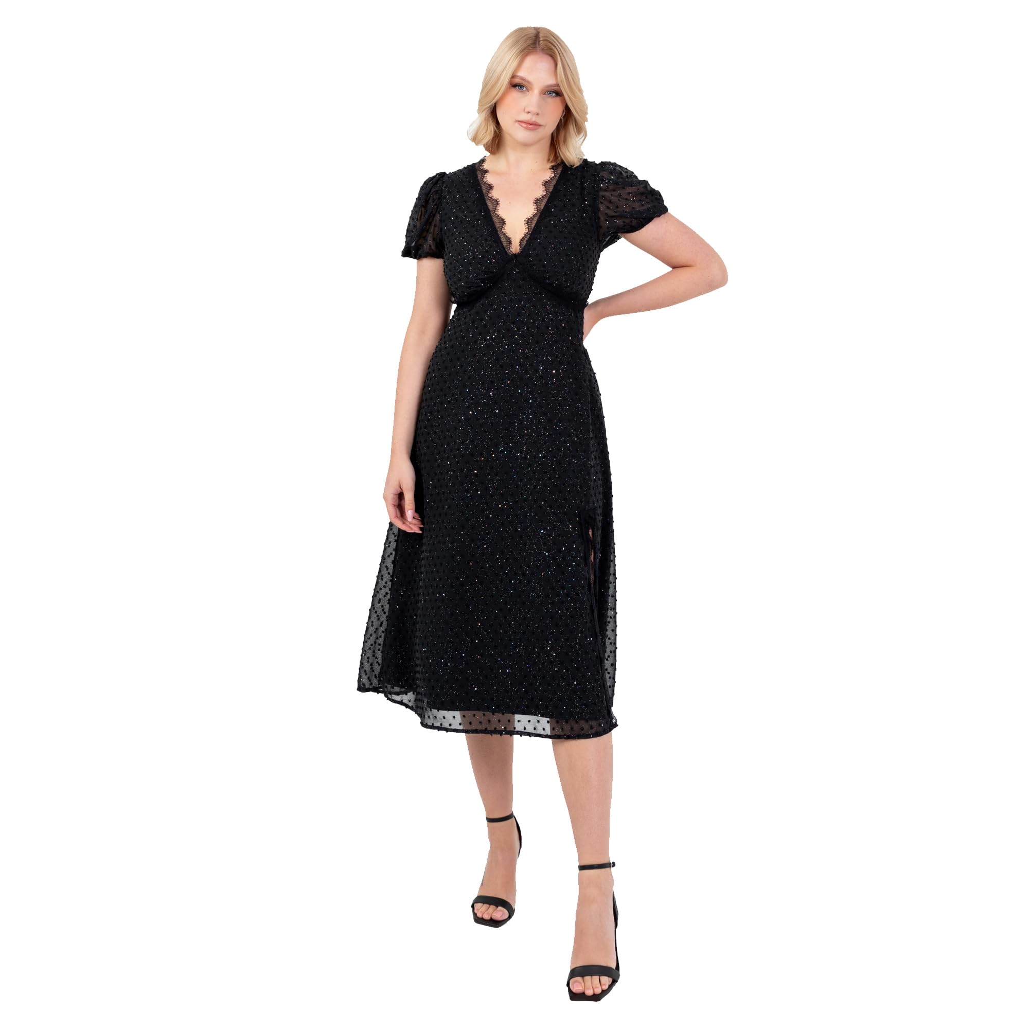 Women's Midi Dress Ladies V-Neck Short Puff Sleeve Glitter Chiffon Lace Trim Side Split Shirred Back Party Evening