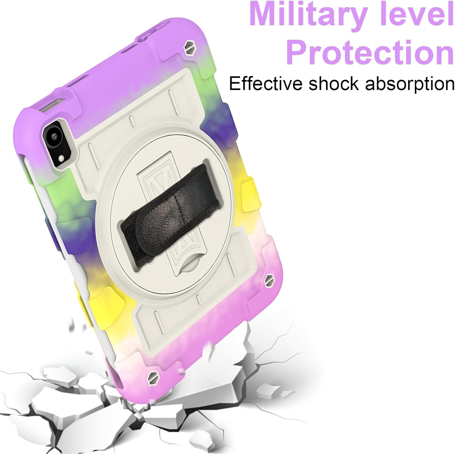 for iPad Mini 7 A17 Pro Case 2024 iPad Mini 6th Generation Case 2021 8.3 Inch Shockproof iPad Mini 7/6 with Protector Rotating Hand Strap + Stand (Colorful Purple)