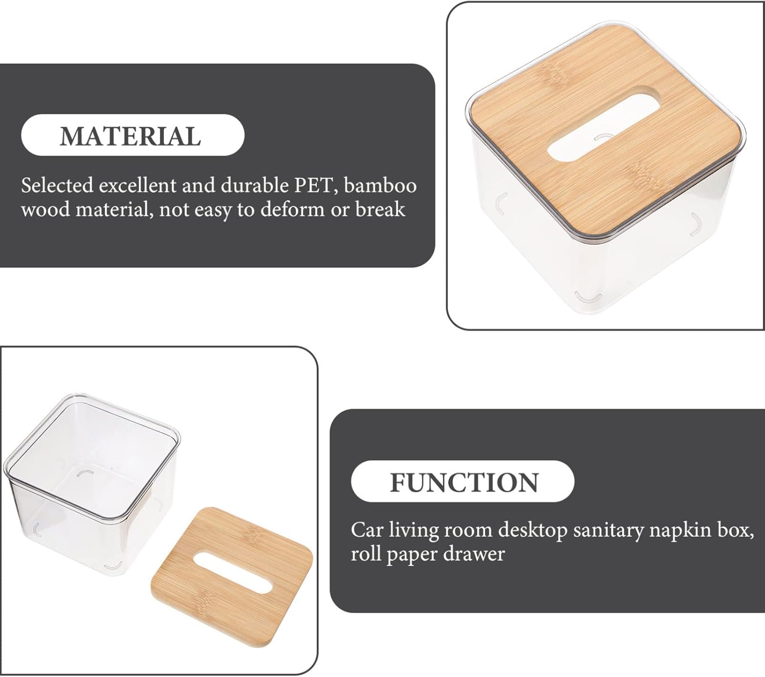 Beavorty Napkin Box Tissue Cube Cover with Bamboo Lid Clear Pet Material for Car Desktop Paper Tissue Holder Compact Size 4.52X4.52X3.54In