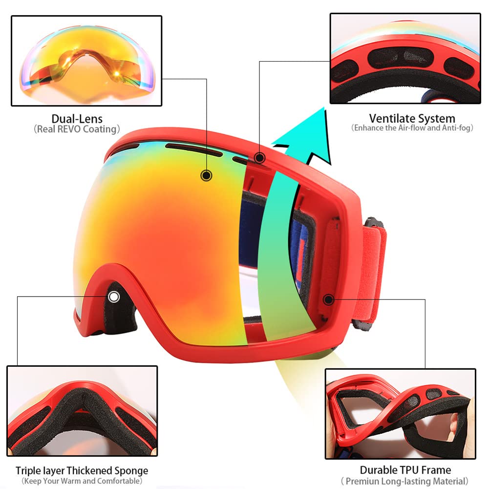 Occhiali da sci antiappannamento a doppio strato, occhiali da alpinismo con specchio sferico grande, occhiali da neve e vento per esterni, adatti per uomini, donne, adolescenti e bambini per sno
