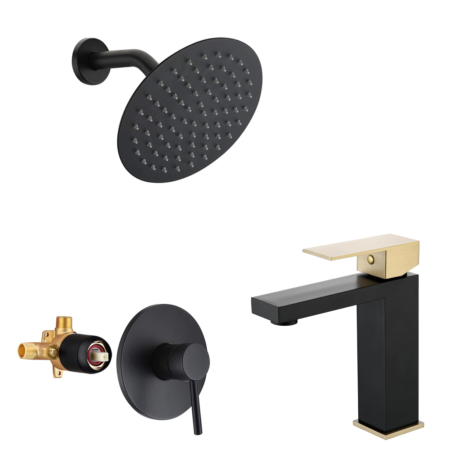 Hcfyauis Black Shower Faucet S3221di-B + Bathroom Faucet S1412-Mg