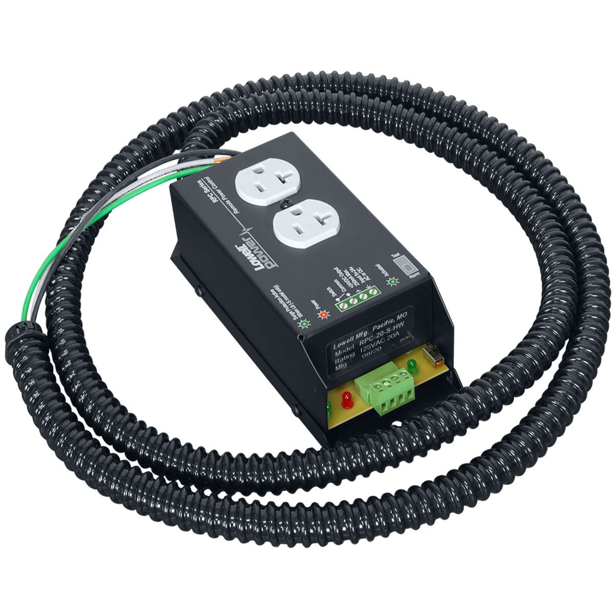 Amazon.com: Lowell RPC-20-SHW Remote Power Control with 2-20A Outlets,  Surge Suppression; Termination: Hardwired with 6 Feet Non-Metallic Flexible  Conduit; Steel Chassis with Black Finish : Electronics