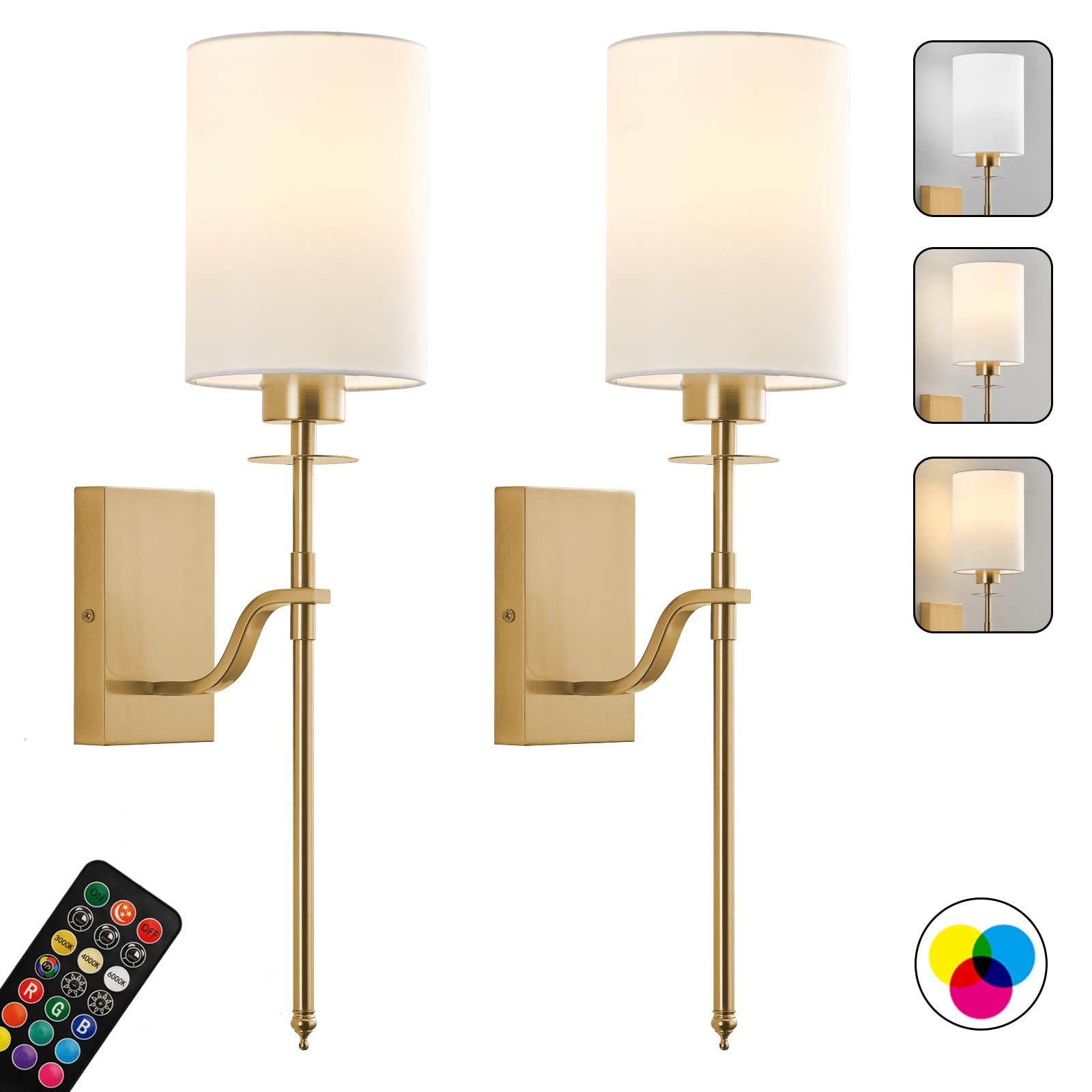 KARTOOSH Battery Operated Wall Sconces Set of 2 Indoor Wireless Wall Light with Remote, Dimmable Warm/Neutral/Cool White, RGB, Rechargable Wall Lamp for Bedroom Living Room Hallway Brass