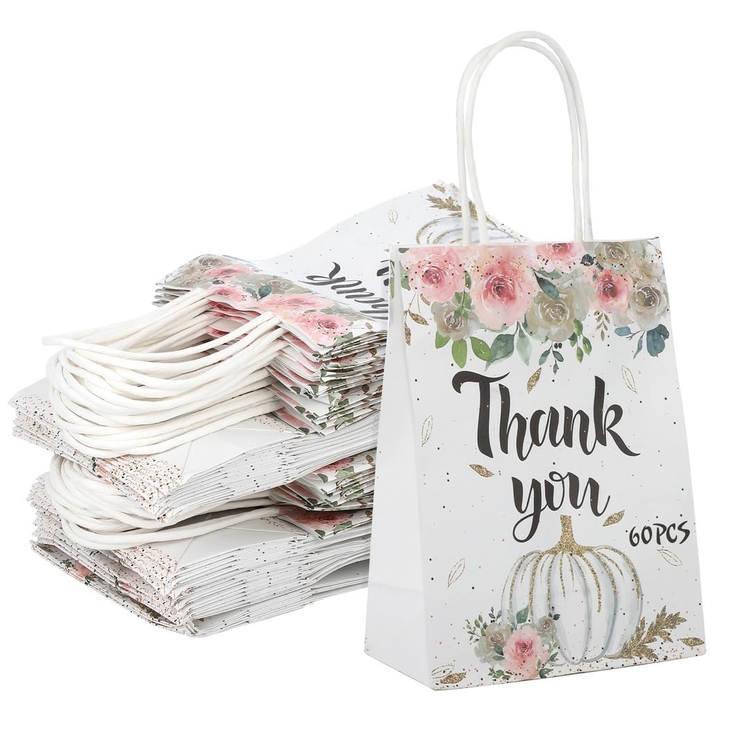 60 bolsas de regalo de papel pequeñas, 8.1 x 5.8 x 3.1 pulgadas, bolsas de papel kraft blancas con asas, bolsas de agradecimiento para regalos de fiesta de cumpleaños, despedidas de soltera, eventos y