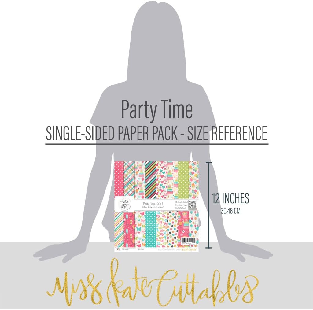 Die Cuts & Paper Set - Party Time - By Miss Kate Cuttables - 16 Sheets of 12"x12" Premium Specialty Paper & OVER 60 Coordinating Die Cuts - Exclusive Original Matching SET