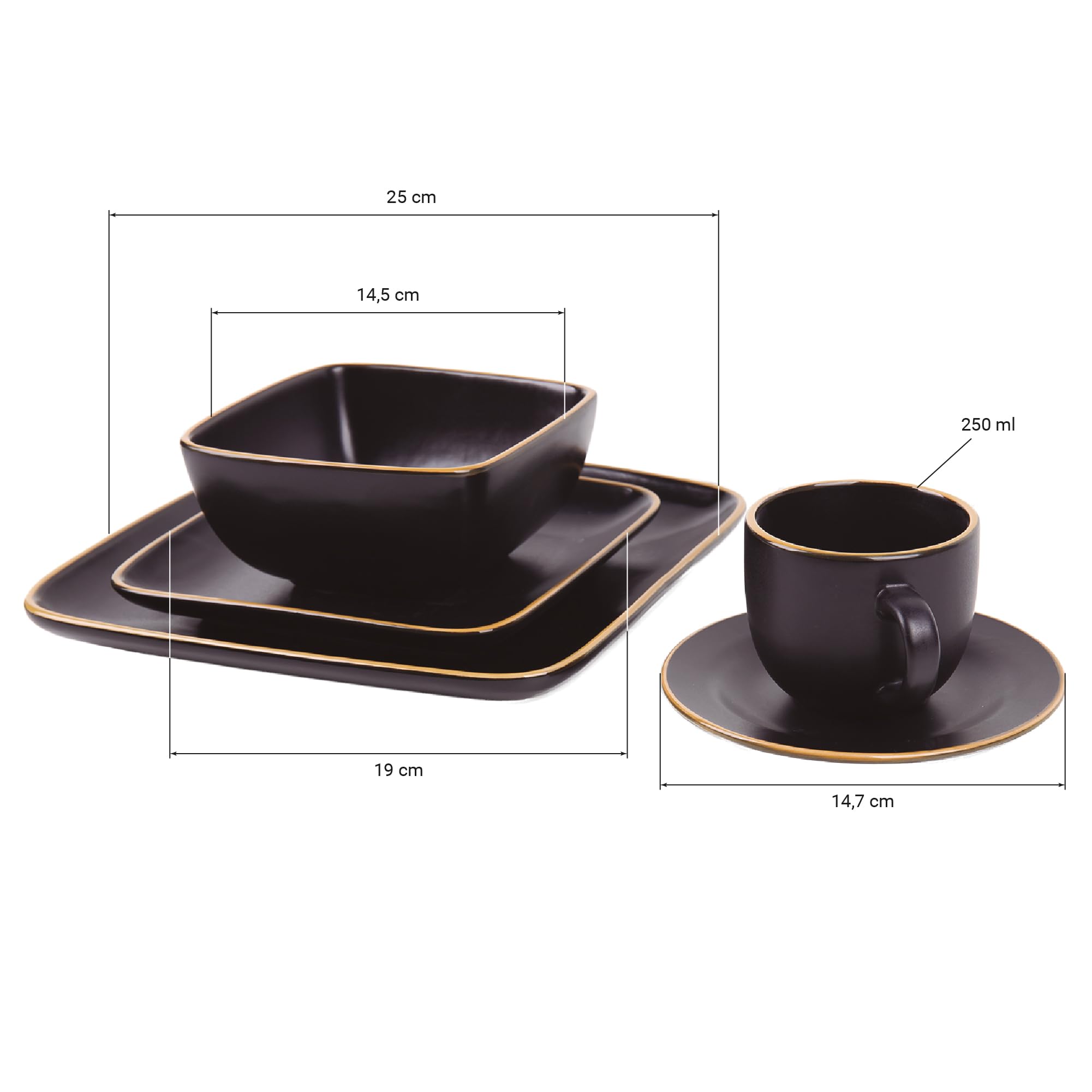 Cofan Czarna zastawa stołowa z kwadratową ceramiką, 20-częściowa, czarna, z krawędzią w stylu vintage, nadaje się do zmywarki, kuchenki mikrofalowej i piekarnika