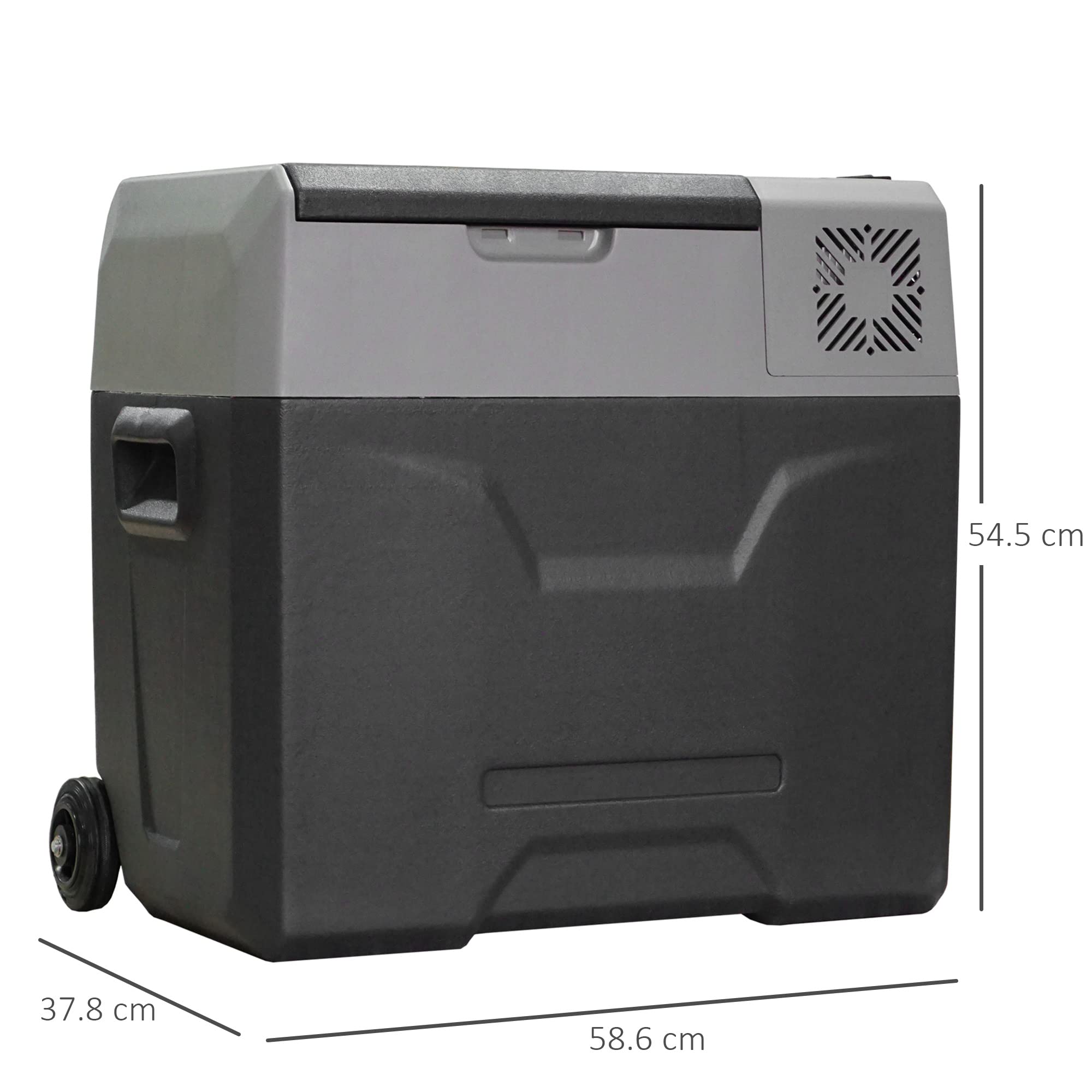 HOMCOM Frigorifero Portatile per Auto 50L 12/24V DC 110-240V AC, Frigo Portatile con Pannello Touch, Maniglia e 2 Rotelle, in Alluminio e Plastica, per Barca, Camper, 58.6x37.8x54.5 cm, Grigio